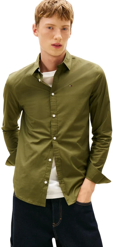 Tommy Jeans Men's TJM Original Stretch Shirt DM0DM04405 L/S Shirt, Green (Dark Greenery), M