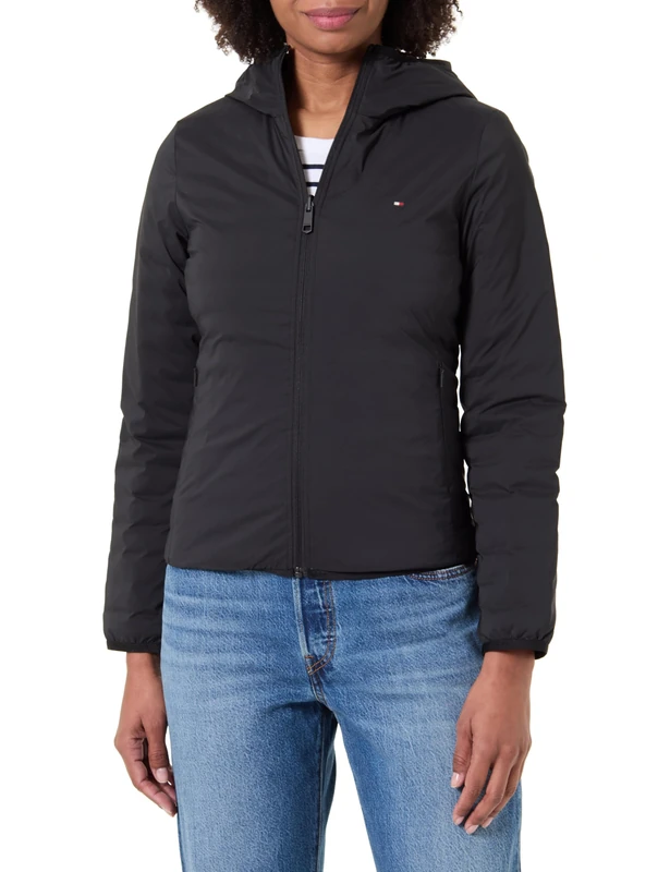 Tommy Hilfiger Women's STRETCH NYLON LW DOWN REV JACKET WW0WW47754 Puffer Jacket, BLACK (Black), XXL