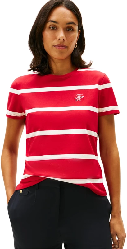 Tommy Hilfiger Women's TH Script REG C-NK SS TEE WW0WW47809 S/S T-Shirt, RED (Primary Red/Calico STP), M