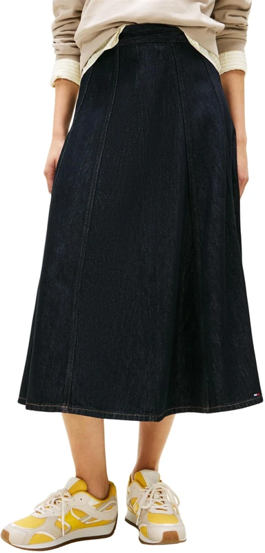 Tommy Hilfiger Women's DNM Pure Flared MIDI Skirt HW WW0WW47730 Flare Skirt, Denim (Pure), 36