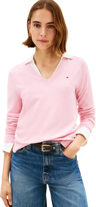 Tommy Hilfiger Women's CO Jersey FINE GG V-NK LS SWT WW0WW40098 Pullover Sweater, Pink (Bonita Pink), XS
