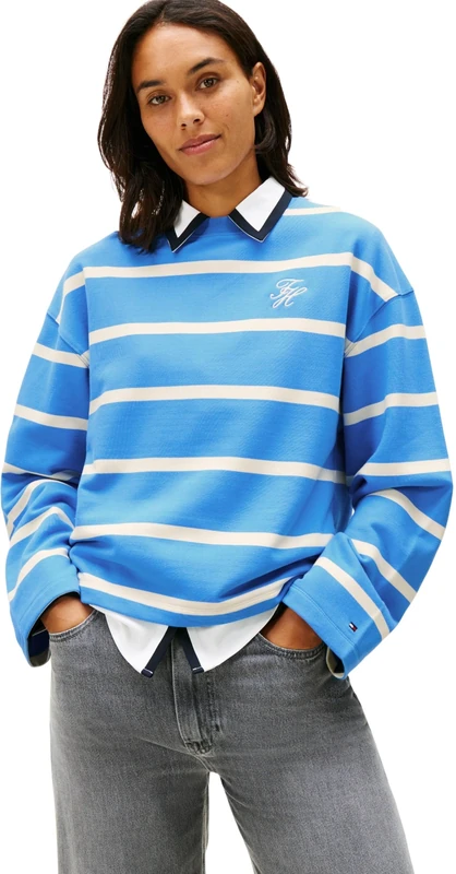 Tommy Hilfiger Women's TH SCRIPT MDRN TERRY SWTSHRT WW0WW48431 Pullover Sweatshirt, BLUE (Mesmerizing Blue/Calico Stp), XXS