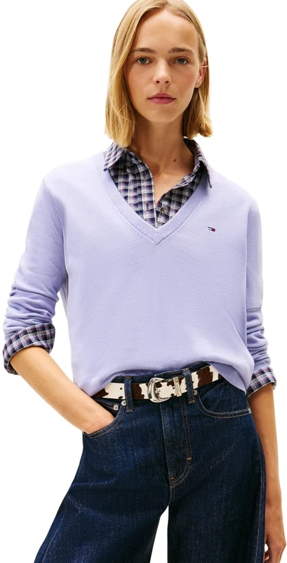 Tommy Jeans Women's Tjw Essential Vneck Sweater Ext Dw0Dw19888 Pullover, Blue (Periwinkle Dusk), XL