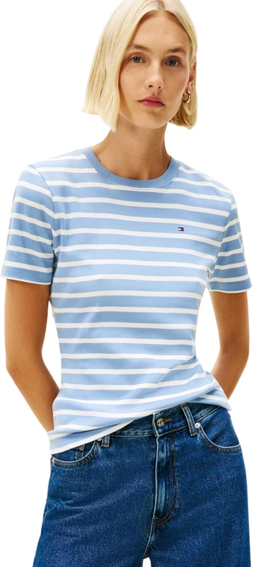 Tommy Hilfiger Women's Slim Cody C-NK SS WW0WW40587 S/S T-Shirt, Blue (Clear Water/Ecru STP), L