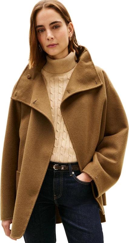 Tommy Hilfiger Women's DF WOOL GB FUNNEL NK COAT WW0WW47758 Other Coats, KHAKI (Nordic Taupe), S-M