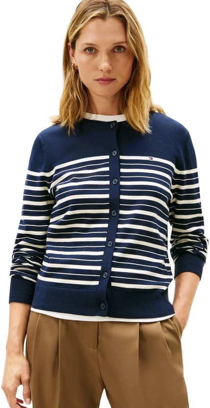 Tommy Hilfiger Women's CO Jersey FINE GG C-NK LS Cardi WW0WW42370 Cardigan Sweater, Blue (Dark Night Navy/Calico Multi STP), XL