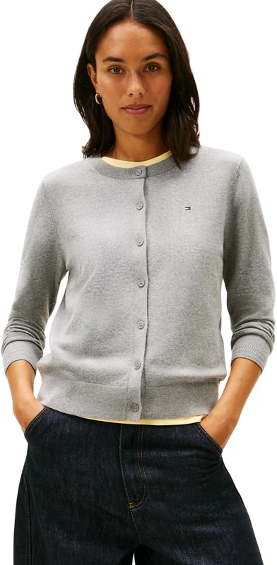 Tommy Hilfiger Women's CO Jersey FINE GG C-NK LS Cardi WW0WW42370 Cardigan Sweater, Grey (Med Heather Grey), XXL