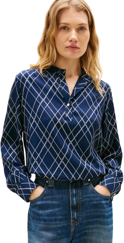 Tommy Hilfiger Women's Blouse Twill with V-Neck, Blue (Argyle Print Navy), 6