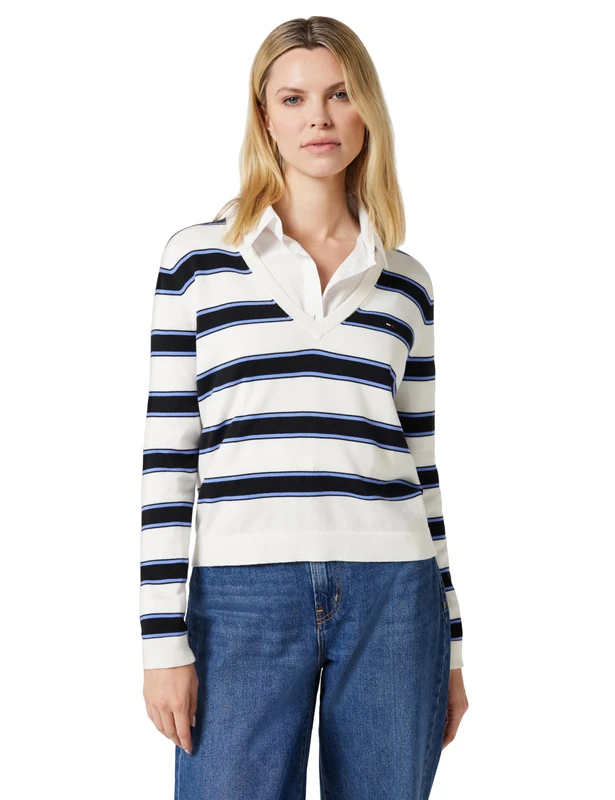 Tommy Jeans Women's Tjw Essential Vneck Sweater Ext Dw0Dw19888 Pullover, Black (Black/Multi Stripe), S