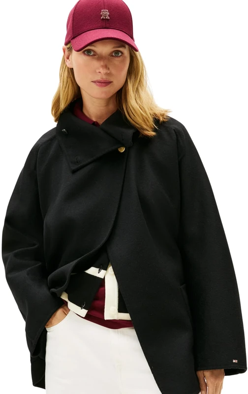 Tommy Hilfiger Women's DF WOOL GB FUNNEL NK COAT WW0WW47758 Other Coats, BLACK (Black), XS-S