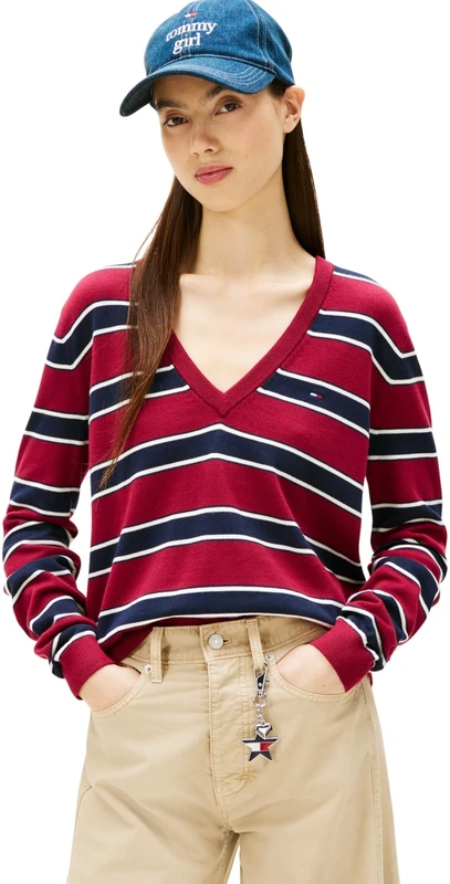 Tommy Jeans Women's Tjw Essential Vneck Sweater Ext Dw0Dw19888 Pullover, Red (Lavish Cerise/Multi Stripe), M