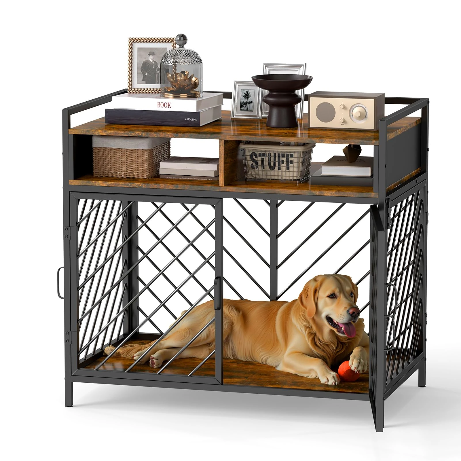 Large Dog Crate Furniture with Wooden Drawer Storage |,Heavy Duty Dog Cage for Large Dogs |Dog House,Folding 2 door Crate | 39.4″ × 23.6″ × 36.2″