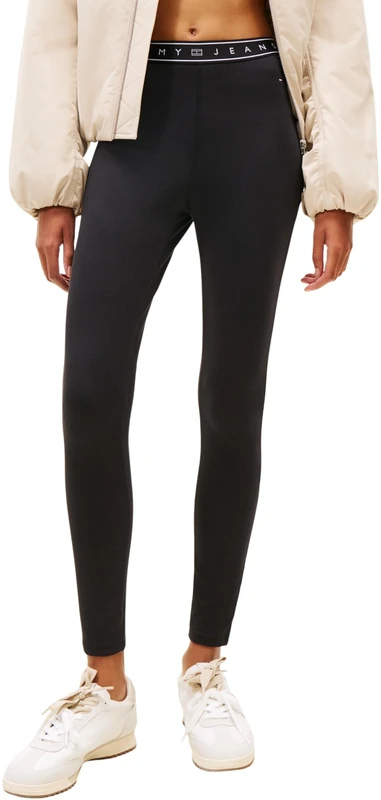 Tommy Jeans Women's Leggings Branded Tape Ribbed, Black (Black), XL