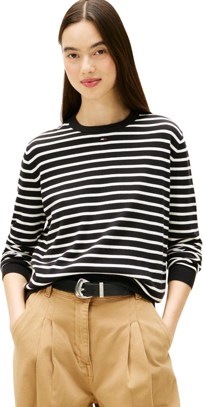 Tommy Jeans Women’s Essential Crew Cotton Jumper, Brown (Black/Ecru Stripe), XL