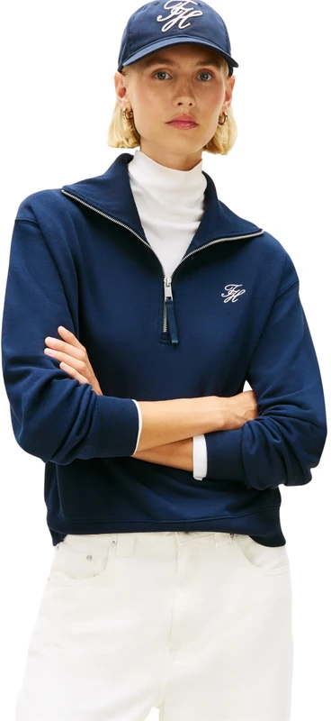 Tommy Hilfiger Women's TH SCRIPT HALF ZIP TERRY SWTSHRT WW0WW49470 Half Zip Sweatshirt, BLUE (Dark Night Navy), S