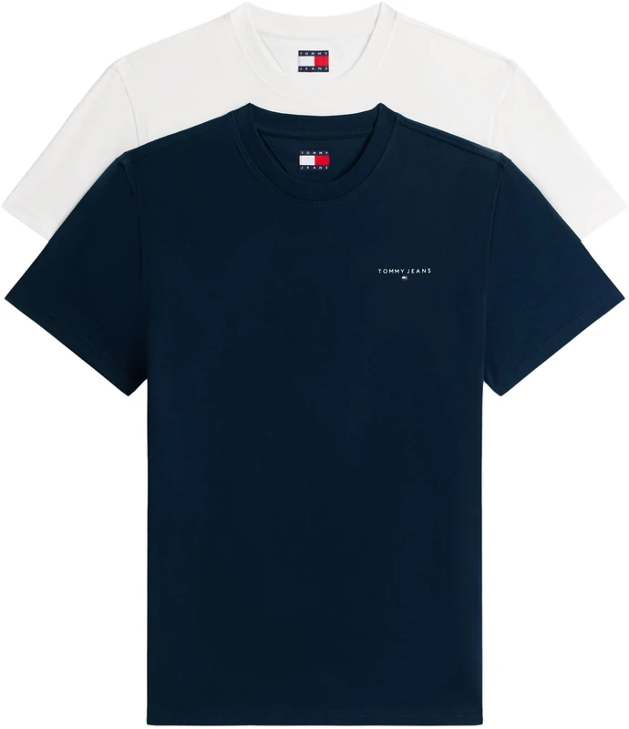 Tommy Jeans Men's TJM Slim Linear Ss Tee 2Pck Ext Dm0Dm22316 S/S T-Shirt, Multi (Ecru/Dark Night Navy), L