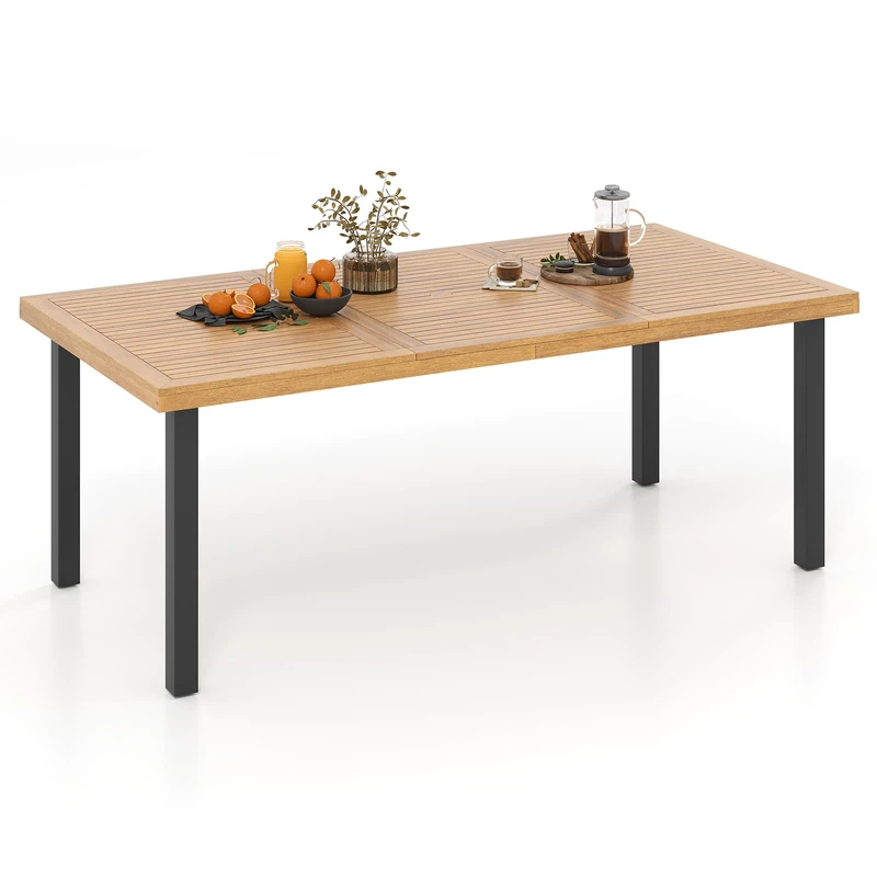 GiantexUK Outdoor Dining Table, Acacia Wood Kitchen Table with Metal Legs, Umbrella Hole & Adjustable Foot Pads, Rectangular Garden Table for Indoor Bistro Patio (Cuboid-Shaped Legs, 200 x 100 x 75cm)