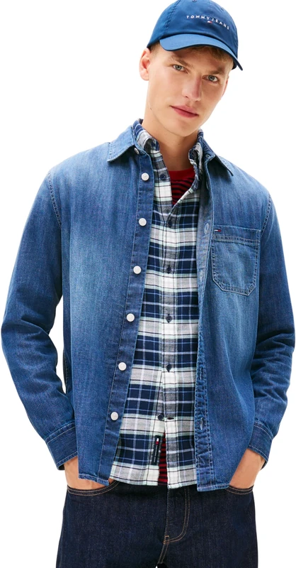 Tommy Jeans Men's TJM Regular Fit Shirt Ext Dm0Dm22303 L/S, Denim (Denim Dark), L
