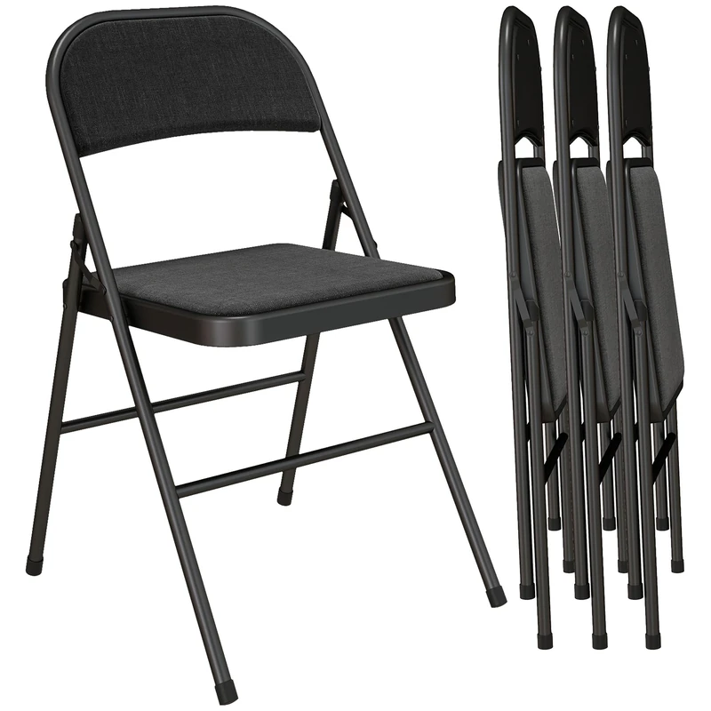 HOMCOM Padded Folding Chairs Set of 4 Linen-Look Foldable Chairs with Cushioned Seat and Metal Frame for Home Office Dining Computer Desk Reception Room Black