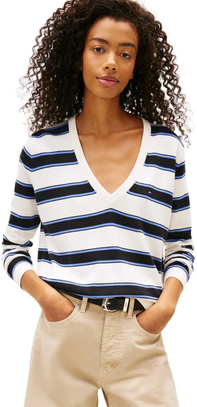 Tommy Jeans Women's Tjw Essential Vneck Sweater Ext Dw0Dw19888 Pullover, Black (Black/Multi Stripe), L