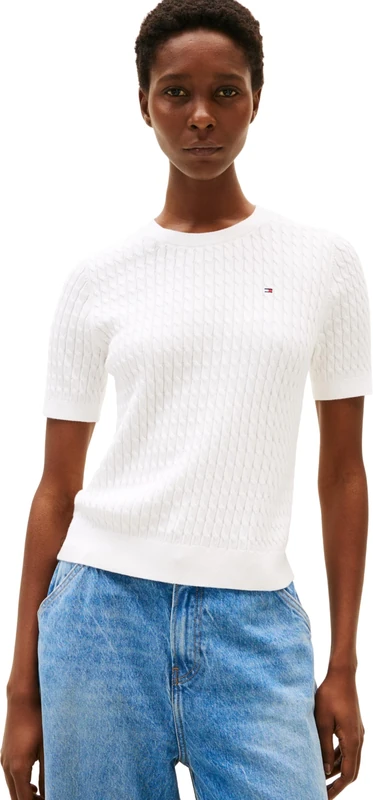 Tommy Hilfiger Women's CO Cable FINE GG C-NK S/S SWT WW0WW41787 Pullover Sweater, White (Ecru), 3XL