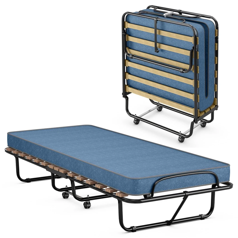 FANTASK Folding Guest Bed with Memory Foam Mattress, 80 x 190 cm, Single Folding Metal Bed with Wheels for Camping, Guest Room, Maximum Load Capacity