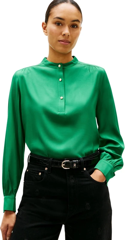 Tommy Hilfiger Women's VIS Twill V-NK Blouse WW0WW48178 L/S Blouses, Green (Nouveau Green), 40