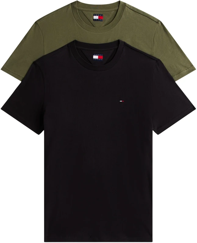 Tommy Jeans Men's 2 Pack T-Shirts Short Sleeve Extra Slim Jersey in Cotton, Multicolor (Black/Dark Greenery), XL