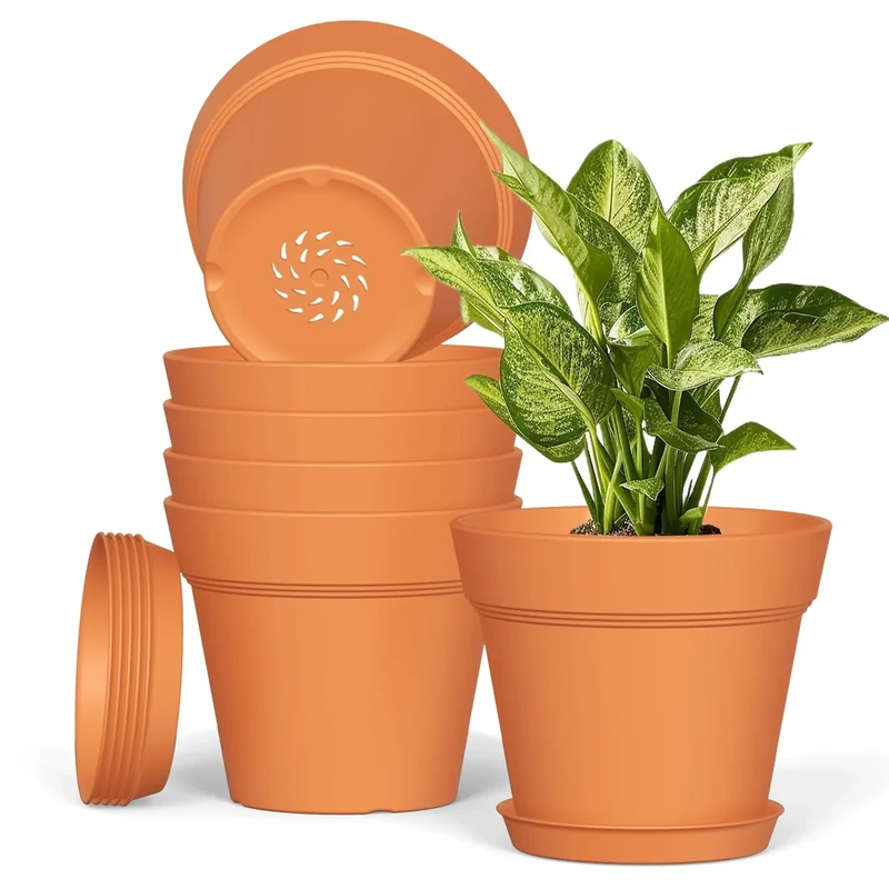 Plastic Plant Pots Indoor Outdoor, 6 Pack 6Inch/15CM Plant Pots Flower Pot with Drainage Holes and Tray,Modern Decorative Planter Pot for All House Plants(Terracotta)