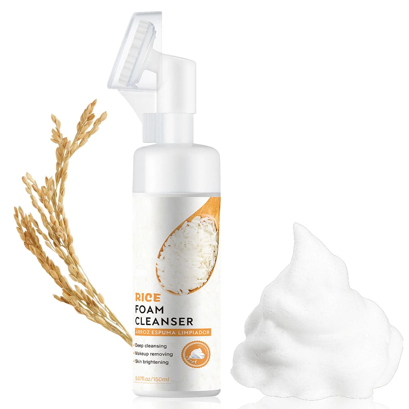 Rice Face Cleanser - Rice Foaming Facial Cleanser with Silicone Brush - Rice Face Wash for Deep Pore Purifying - Natural Face Wash Women - Deep Cleansing, Removes Makeup, Dirt & Oil - 150ml