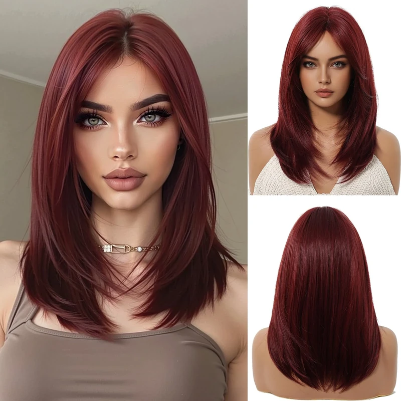 OUFEI Wine Red Wigs for Women Medium Length Long Straight Wig with Curtain Bangs Synthetic Hair Heat Resistant Wigs for Everyday Party Cosplay Wear