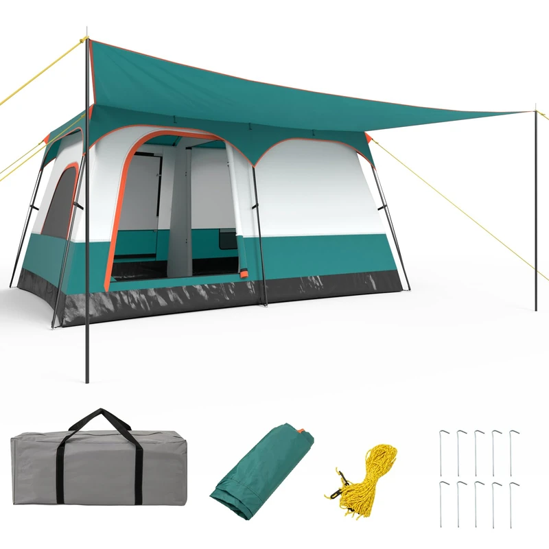 FANTASK Large Tent with Canopy and Ground Camping Tent for 4-6 Persons, 2 Pieces and 2 Entrances, Tunnel Tent with Removable Roof and Carry Bag