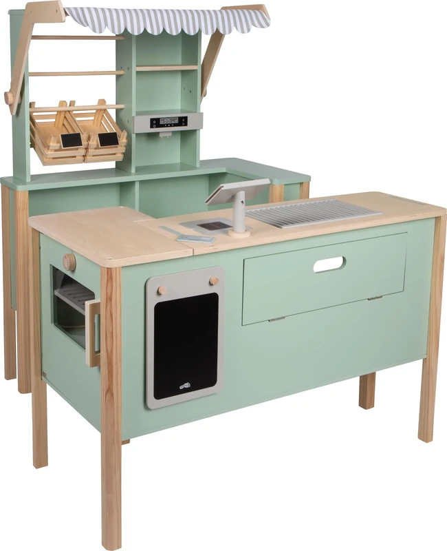 small foot Play Store and Kitchen green ‘fresh’, wood, w/add-ons, market stall, role-play toy for ages 3+ years, 12688