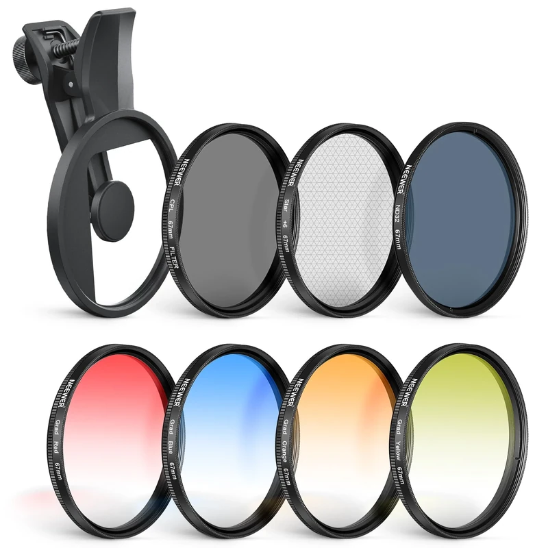 NEEWER 67mm ND Filter Set, 7 Pack Clip On CPL Circular Polarizing + ND32 + Starlight + GND (Red/Orange/Yellow/Blue) Camera Lens Photography Accessories Set, FL-P12