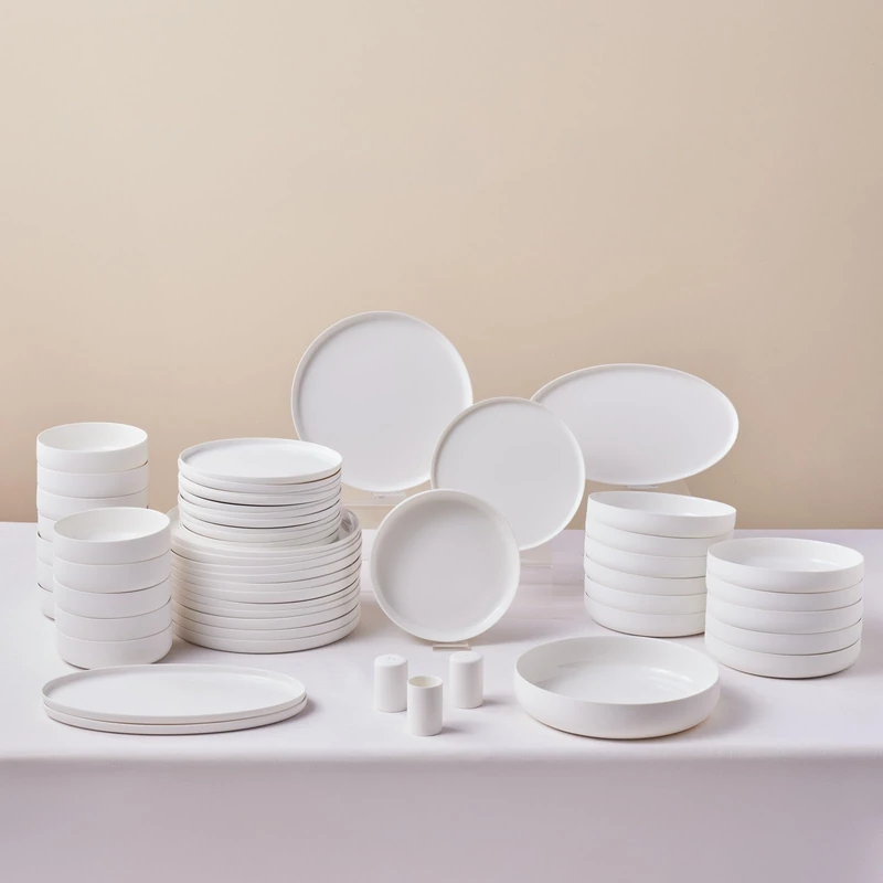 Karaca Matte Glaze 55-Piece Crockery Set for 12 People, Stoneware, Dishwasher and Microwave Safe, Crockery Set for Daily Use, Plate Set, Earth Collection, White - Image 1