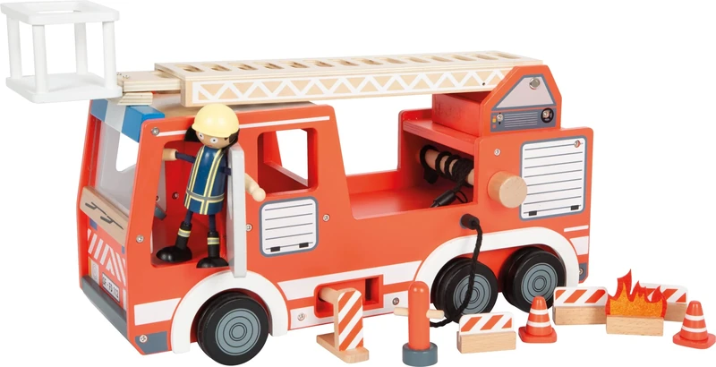 small foot Wooden Fire Engine, w/swivelling ladder, hose & accessories, fire brigade toy for children aged 3+, 12657