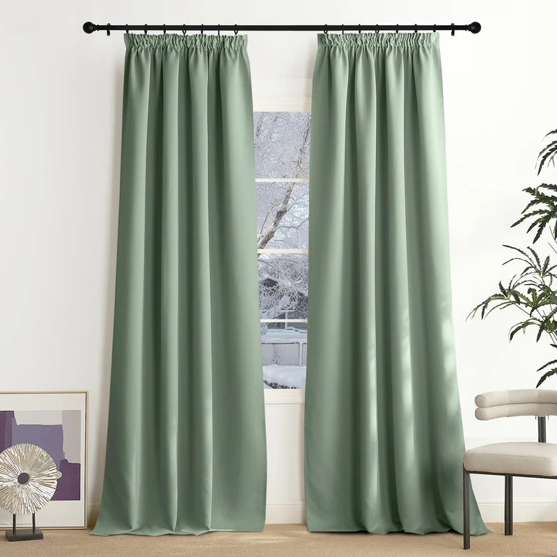 NICETOWN Sage Green Curtain Children's Room Blackout Curtains for Rails Thermal Curtain Heat Protection Ruffle Tape Thermal Curtains Opaque Curtains 240 x 140 cm (H x W) Blackout Curtains