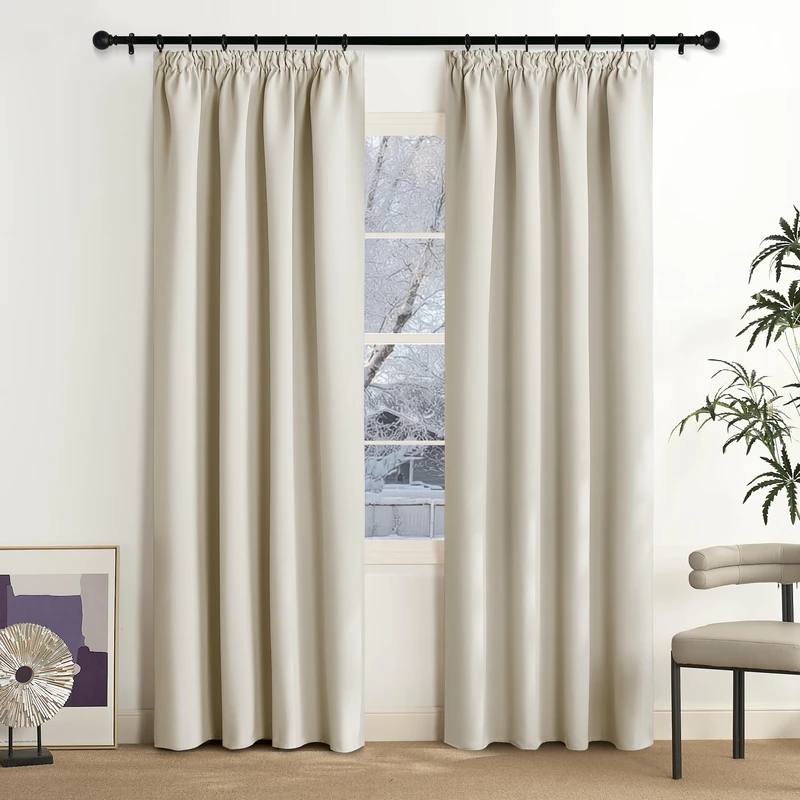 NICETOWN Opaque Beige Curtain Set of 2 Thermal Curtains Heat Protection Ruffle Tape Living Room Curtain 200 cm Long Curtains Thermal Blackout Curtain for Rail System, 200 x 140 cm (H x W) Light Beige