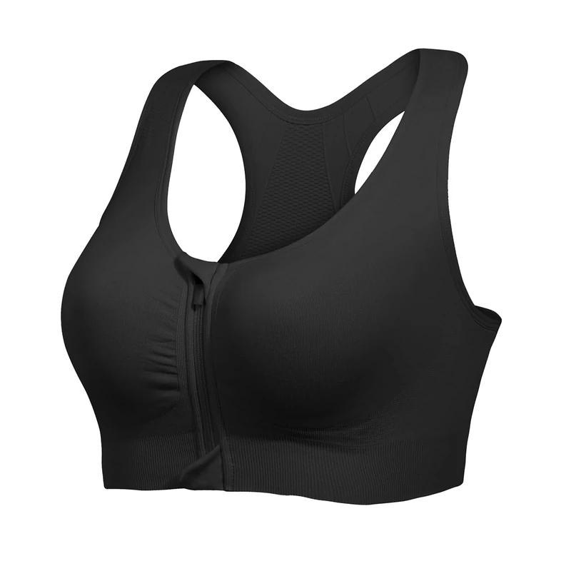 Lemef Front Zipper Sports Bras High Impack Post Op Compression Bras for Women Post Surgery Wireless Racerback Yoga Bra Black L