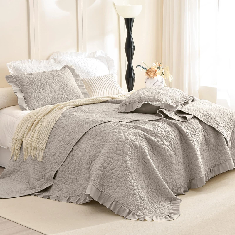 Masaca Oversized King Bedspread(118"x106"),Ruffled Farmhouse Shabby Boho Chic California King Quilt Set Oversized Linen Colored Crinkled Lightweight Rustic Stone-Washed Microfiber Bedding Set