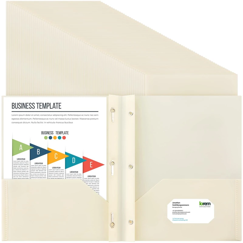 Cholemy 72 Packs Pocket Folders with Prongs Heavy Duty Plastic Folder with Business Card Slot 3 Prong Fasteners for School Office (Beige)