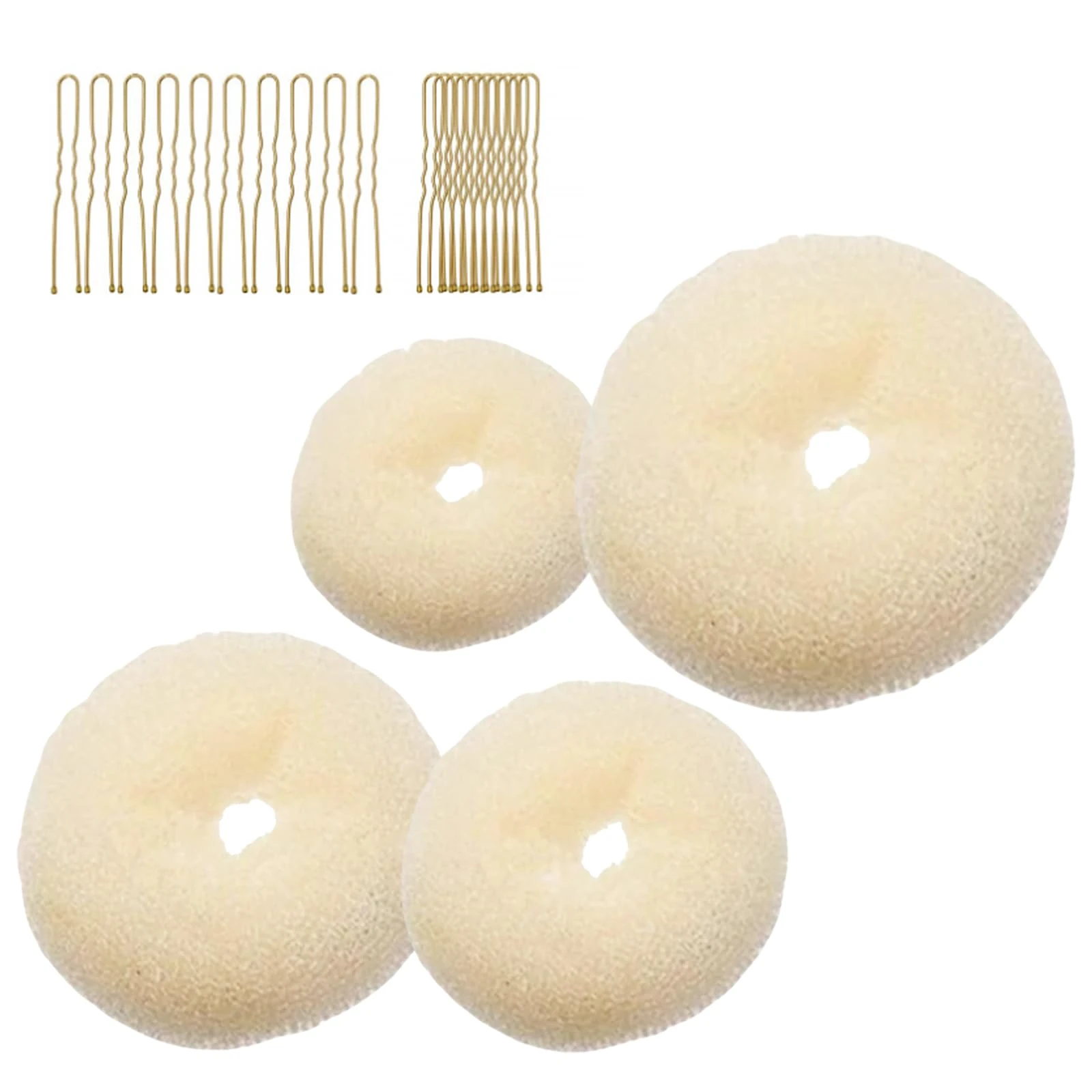 4 Pcs Ring Style Donut Bun Shaper with 20 golden Hair Pins,Beige Donut Bun Maker,Hair Donuts,Shaper Set For Dancers, ballerinas,Girls etc And daily hairstyles DIY（Beige）