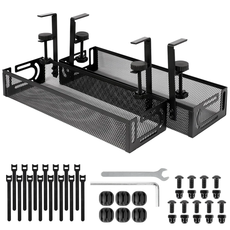 Under Desk Cable Management Tray 2 Pack - No Drill Metal Mesh Cable Management Under Desk with Side Opening Design & Clamp Mount, Wire Organizer for Home Office Black