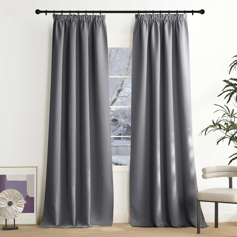 NICETOWN Grey Curtains 240 cm Long Thermal Curtain Heat Protection Ruffle Tape Opaque Curtains Living Room 240 x 140 cm (H x W) Blackout Curtains for Living Room - Image 1