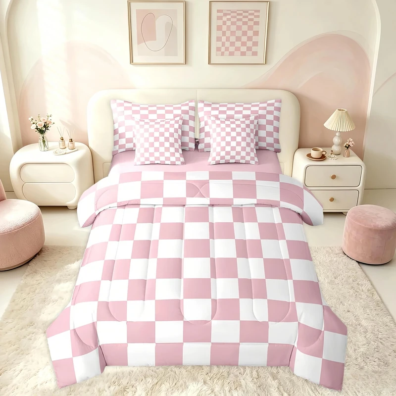 Feelyou Checkered 7 Piece Bedding Set Teen Women Men Pink Plaid Comforter Set with Sheets Queen Size Kids Boys Cute Retro Neutral Checkerboard Geometric Bed in a Bag Vintage Aesthetic Room Decor