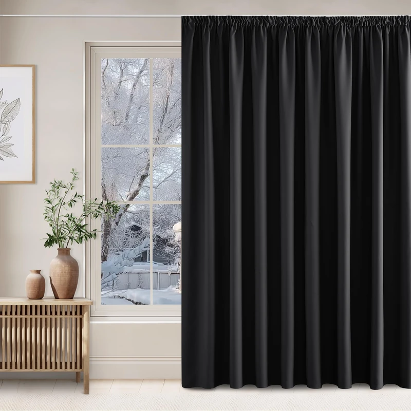 NICETOWN Black Curtains for Large Windows Opaque Curtains with Ruffle Tape Living Room Thermal Curtain Heat Protection Set of 1 240 x 300 cm (H x W) - Image 1