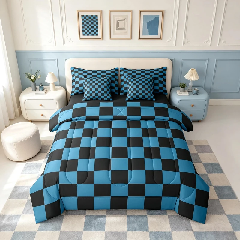 Feelyou Checkered 7 Piece Bedding Set Teen Blue Black Plaid Comforter Set with Sheets Twin Size Kids Boys Cute Retro Neutral Checkerboard Geometric Bed in a Bag Vintage Aesthetic Room Decor