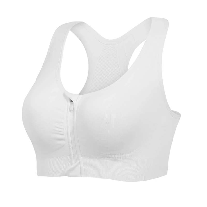 Lemef Front Zipper Sports Bras High Impack Post Op Compression Bras for Women Post Surgery Wireless Racerback Yoga Bra White L