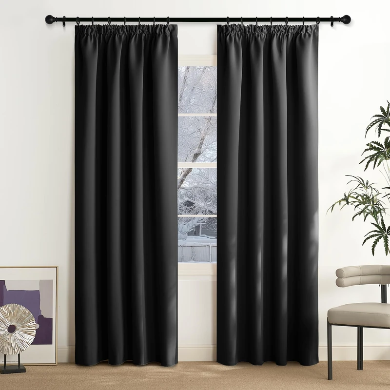NICETOWN Blackout Curtains, Black Curtains, 200 cm Long, Opaque Curtain, Ruffle Tape, Living Room, Blackout Curtain Rail, Thermal Curtain, Heat Protection, Set of 2, 200 x 140 cm (H x W)