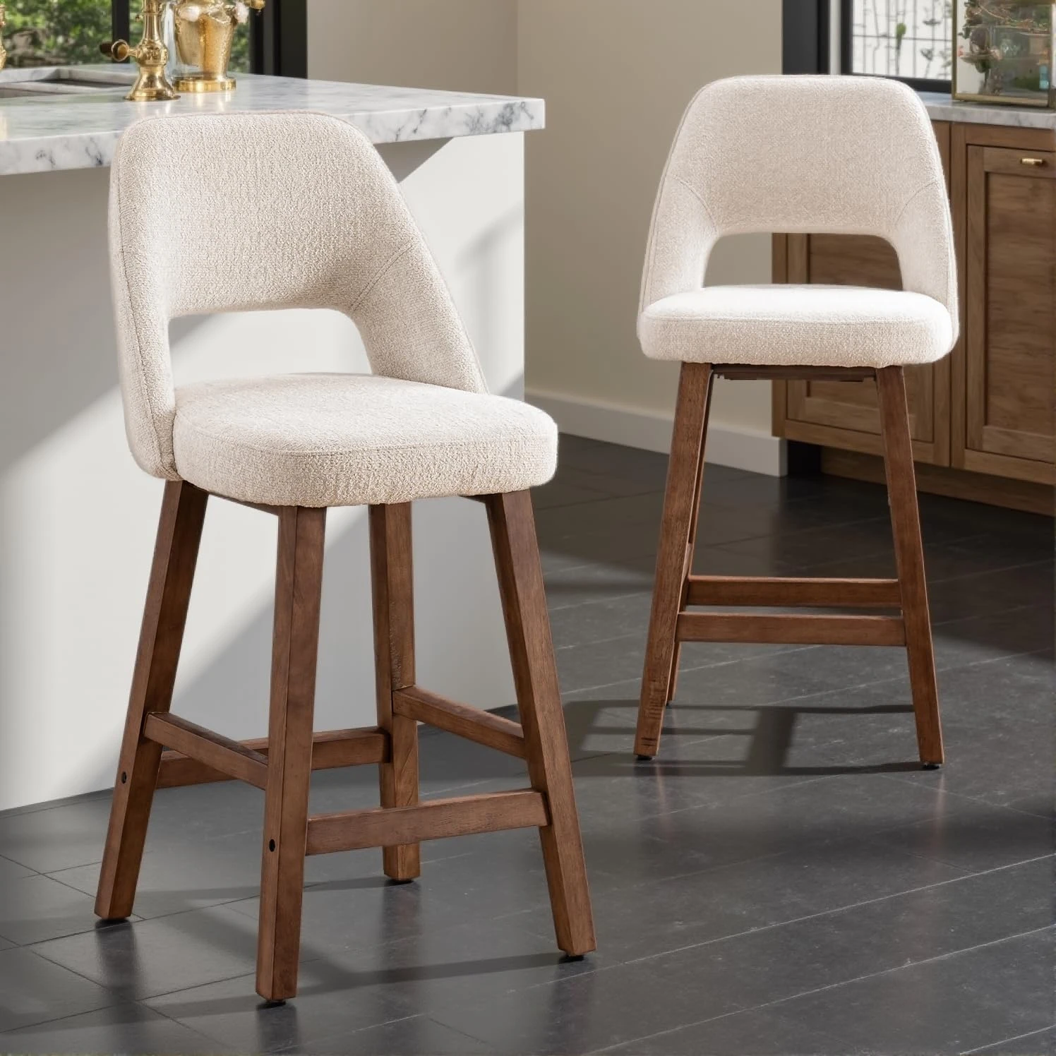 Kidol & Shellder Set of 2 Boucle Bar Stools, 67CM Tall Wooden Barstools, Uplostered Velvet Kitchen Bar Stool with Backrest and Footrest Island Chairs for Dining Room Pub,White